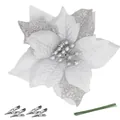 Elegant 14.5cm silver glitter 3D Christmas poinsettia flower with clips and stems - 15CM / Silver