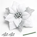 Elegant white 3D three-layer Christmas flower with silver glitter, clips and stems included - 15CM / White