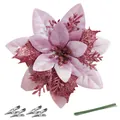 14.5cm pink three-layer 3D glitter Christmas flower with clips and green wire stems - 14.5cm / Pink