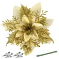 Large 14.5cm golden glitter artificial poinsettia flower with silver clips and green stems - 14.5cm / Gold