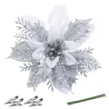 Silver 3D three-layer glitter Christmas flower with clips and green wire stems - 14.5cm / Silver