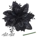 14.5cm 3D black glitter poinsettia flower with metal clips and stems for decoration - 14.5cm / Black