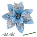 14.5cm blue and silver glitter Christmas flower with mounting clips and green floral wires - 14.5cm / Light Blue