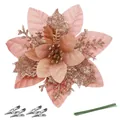 Rose gold 3D glitter Christmas flower ornament with clips and stems for tree decor. - 14.5cm / Rose Gold