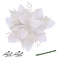 White 14.5cm 3-layer glitter artificial Christmas flower decoration with clips and stems - 14.5cm / Pure White