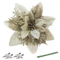14.5cm three-layer gold glitter Christmas flower with metal clips and green floral stems - 14.5cm / Champagne Gold