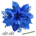Blue 14.5cm glitter three-layer artificial Christmas flower with clips and wires - 14.5cm / Sapphire Blue