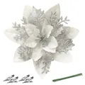 14.5cm Silver 3-layer glitter Christmas flower decoration with clips and green stems - 14.5cm / White Silver