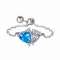 Elegant adjustable silver chain ring with blue and clear heart-shaped zircon stones. - Adjustable / Silver-Double Stone-Blue Heart & White Waterdrop