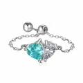 Adjustable silver chain ring featuring teal and clear heart-shaped cubic zirconia stones - Adjustable / Silver-Double Stone-Paraiba Heart & White Waterdrop