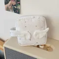 White square pencil case featuring silver star patterns and plush angel wings detail - Dotted Star Square Pouch - White Wings