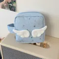 Cute light blue star pattern pencil case with white plush wings for students large capacity - Dotted Star Square Pouch - Blue Wings
