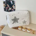 Large capacity white stationery pouch with stylish embroidered silver star patterns - Dotted Star Square Pouch - Silver Star