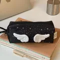 Cute Korean style black cosmetic bag with silver star pattern and white plush wings - Pencil Case (Black Wings) / Black