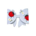 Elegant light blue faux leather hair bow for girls with ladybug and daisy embroidery - Embroidered Beetle Blue Style (MC6792)