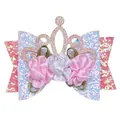 Sparkly glitter bow hair clip with pink fabric flowers and crown for girls party - Crown Pink Style (MC5842)