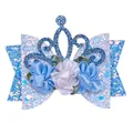 Sparkly glitter blue bow hair clip featuring a crown and flowers for girls' parties - Crown Blue Style (MC5841)
