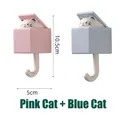 Set of 2 cute cartoon cat pop-up adhesive wall hooks in pink and blue finish - Pink Cat + Blue Cat (Boxed)