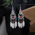 Bohemian ethnic style silver feather tassel earrings with colorful stones and beads - Red Green Silver (E865-4)