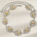 Ethnic western style silver metal chain belt with gold bull head decorative oval plates - Silver Bull Head Carved Oval Style (2232)