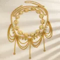 Bohemian gold layered waist chain belt featuring sun pattern coins and tassel fringe details - Gold Ethnic Multi-layer Tassel Style (2203)
