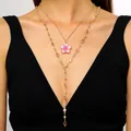 Detail view of a pink enamel flower pendant with a colorful crystal chain - Double Layer Clavicle Chain / Pink (K-760)