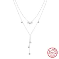 Double-layered 925 sterling silver necklace with dangling crystal charms - BQN20-2-Layer Tassel / Silver