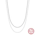 Minimalist double-layered S925 sterling silver link and cubic zirconia necklace - BQN48-Paperclip & Tennis Chain / Silver