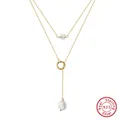 Double-layered 925 sterling silver gold necklace with elegant white pearl pendants - BQN30-2-Layer Pearl / Gold