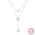 Double layer S925 silver necklace with white pearls and circular ring pendant - BQN30-2-Layer Pearl / Silver