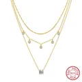 Elegant 18K gold plated S925 sterling silver triple layered necklace with square pendant - BQN43-3-Layer Square Zircon / Gold