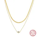 Layered gold-plated S925 sterling silver necklace with herringbone chain and CZ pendant - BQN44-Snake & Zircon Chain / Gold