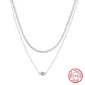 Elegant double-layered S925 sterling silver necklace with round zircon pendant - BQN44-Snake & Zircon Chain / Silver