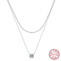Elegant S925 sterling silver double-layer necklace with clear round crystal pendant - BQN45-2-Layer Rope & Zircon / Silver