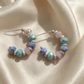 Vintage C-shaped hoop earrings with colorful faceted beads and silver accents - 2606029 Pink and Blue Color Block Hoops