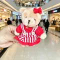 Plush teddy bear keychain wearing a red and white striped dress with a red bow - Female Bear (Red and White Striped) / 11cm