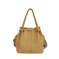 Retro woven large capacity tote bag in beige with bohemian style patterned shoulder strap - Yellow
