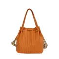 Stylish orange woven faux leather bucket bag with a decorative patterned shoulder strap - Orange