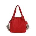 Fashionable red woven tote bag featuring a vintage patterned strap and large capacity. - Red
