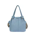 Sky blue woven retro tote bag featuring a stylish geometric patterned wide shoulder strap - Blue