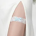 Elegant white lace bridal garter with light blue bow and pearl detail - White Lace Blue Bow Artificial Pearl Single (GS-J022)