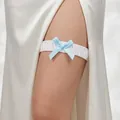 Elegant white satin bridal garter featuring a light blue bow and central pearl detail - White Satin Ribbon Blue Bow Artificial Pearl Single (GS-J034)