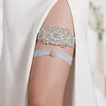 Exquisite bridal garter set featuring hand-sewn rhinestones and elegant pearl flowers - Heavy Craft Rhinestone Artificial Pearl Floral 2-Piece Set (GS-J032S)