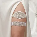 Luxurious bridal garter set featuring hand-sewn floral rhinestones and white pearls detail - Heavy Craft Floral Artificial Pearl 2-Piece Set (GS-J019)