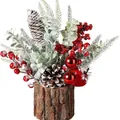 Artificial Christmas tabletop decoration with red berries and pine cones in wood bark pot - Style A (Stump Base-Red Berry Pine Cone)