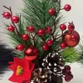 Mini Christmas tree desktop decoration with red berries and pine cones - Wooden Base Poinsettia