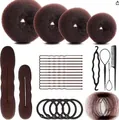 Professional brown hair styling tool set for bun makers with donuts, pins, and combs - 28-Piece Multifunctional Set / Dark Brown