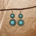 Vintage bohemian style turquoise drop earrings with intricate bronze hollow carvings - Double Layer Hollow Ring Style (E6091-2)