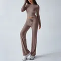 Two-piece mocha colored yoga sports set featuring long sleeve slim top and flared pants - XS / Camel