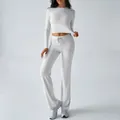 Zweiteiliges graues Yoga-Set mit langärmeligem Crop-Top und Hose mit weitem Bein - XS / Meliertes Grau